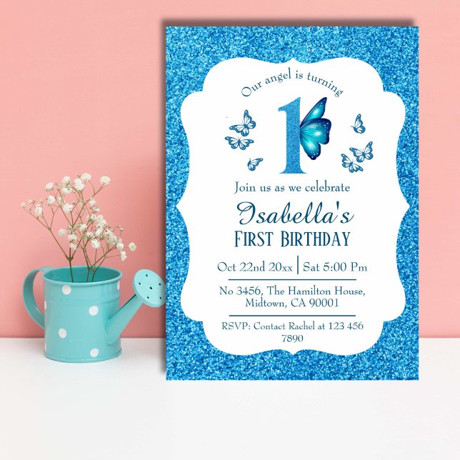 Blue glitter cute vibrant sparkling 1st birthday  invitation (Creator Uploaded)