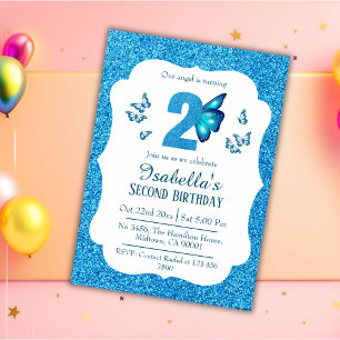 Blue glitter cute vibrant sparkling 2nd birthday invitation