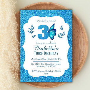 Blue glitter cute vibrant sparkling 3rd birthday  invitation
