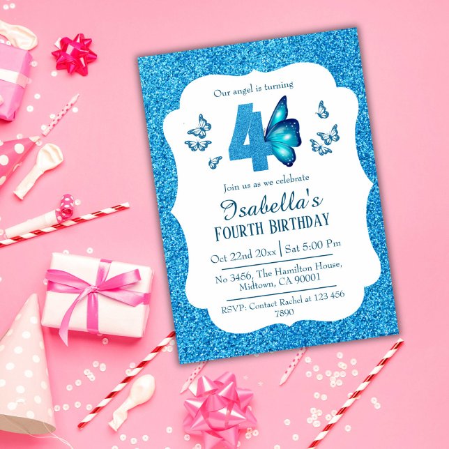 Blue glitter cute vibrant sparkling 4th birthday invitation (Creator Uploaded)