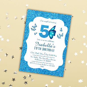 Blue glitter cute vibrant sparkling 5th birthday invitation