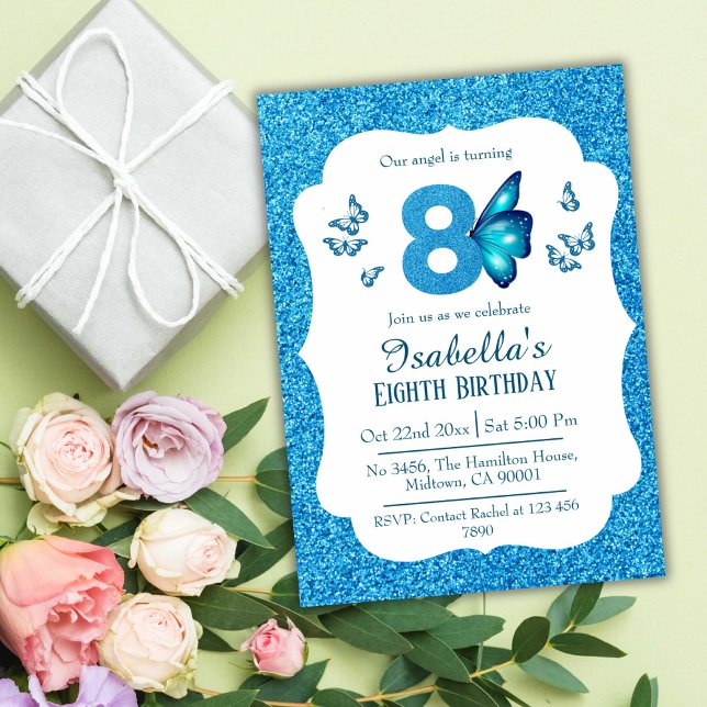 Blue glitter cute vibrant sparkling 8th birthday invitation (Creator Uploaded)