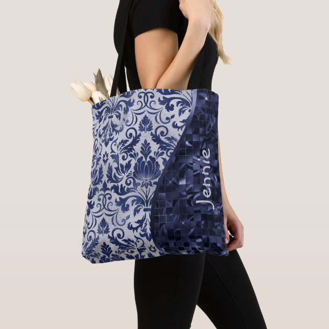 Blue Glitter Damask Pattern Glam Wave Personalised Tote Bag (Close Up)