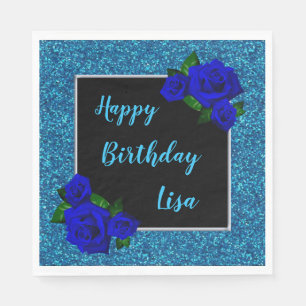 Blue Glitter Deep Blue Roses Birthday Napkin
