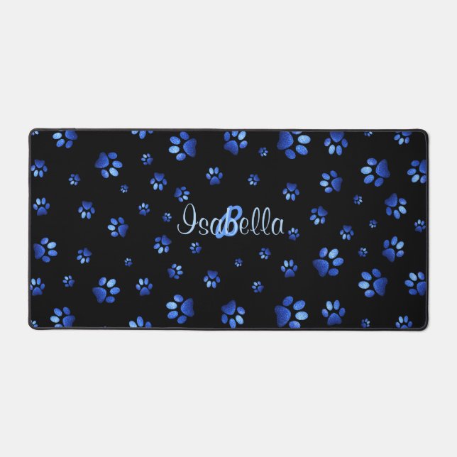 Blue glitter dog paw pattern, Monogram Desk Mat (Front)