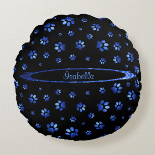 Blue glitter dog paw pattern Monogram  Round Cushion