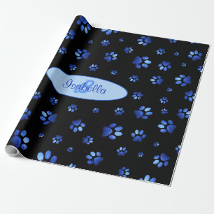 Blue glitter dog paw pattern Monogram Wrapping Paper