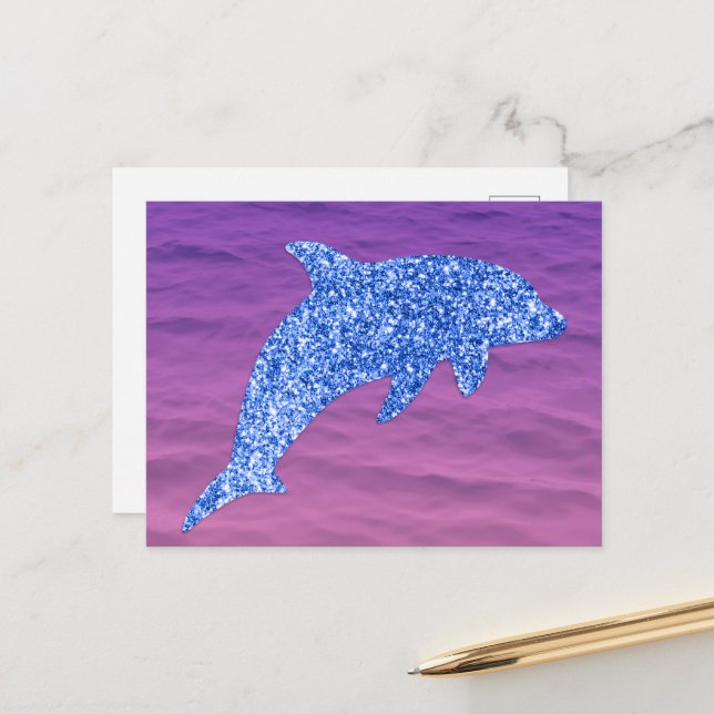 Blue Glitter Dolphin In Pink And Purple Sea Postcard (Front/Back In Situ)