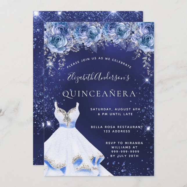 Blue glitter dress florals Quinceanera Invitation (Front/Back)