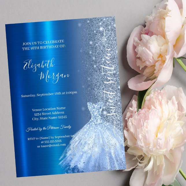 Blue Glitter Dress Metallic Blue Sweet 16 Invitation (Creator Uploaded)