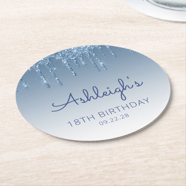 Blue Glitter Drip 18th Birthday Party Round Paper  Round Paper Coaster (Angled)
