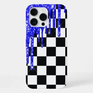 Blue Glitter Drip Chequerboard iPhone 16 Pro Max Case