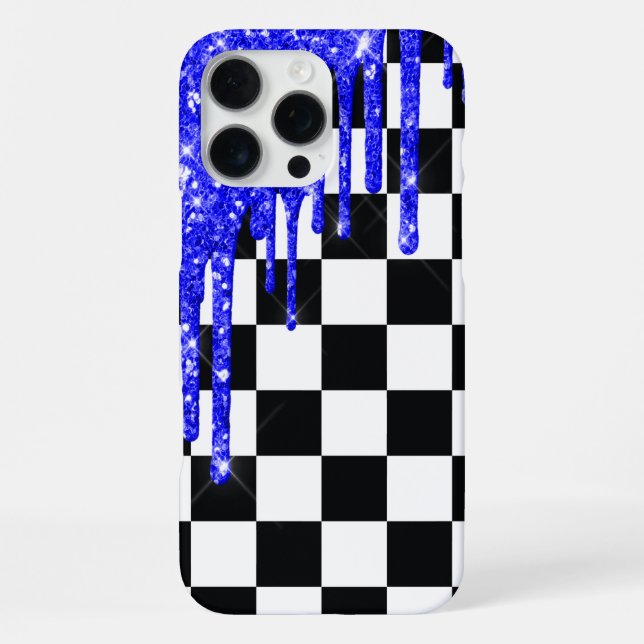 Blue Glitter Drip Chequerboard iPhone Case (Back)