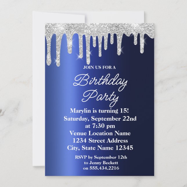 BLUE GLITTER DRIP ELEGANT BIRTHDAY INVITATION (Front)