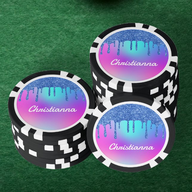 Blue Glitter Drip Fluorescent Neon Pink & Purple Poker Chips (Blue Glitter Drip Fluorescent Neon Pink & Purple Poker Chips)