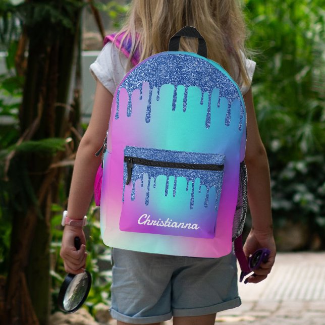 Blue Glitter Drip Fluorescent Neon Pink & Purple Printed Backpack (Blue Glitter Drip Fluorescent Neon Pink & Purple Printed Backpack)