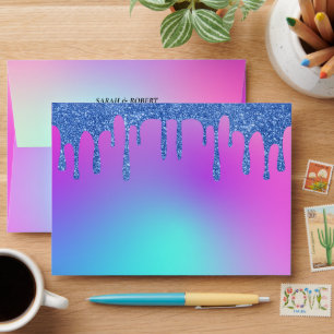 Blue Glitter Drip Fluorescent Neon Wedding Envelope