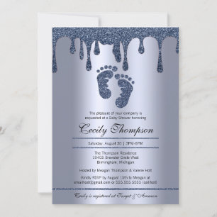 Blue Glitter Drip Luxury Metallic Baby Feet Shower Invitation