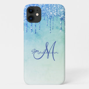 Blue Glitter Drip Name Sparkles Glam Girly Pretty iPhone 11 Case