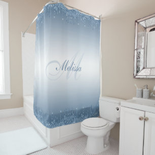 blue glitter drip trendy monogram shower curtain