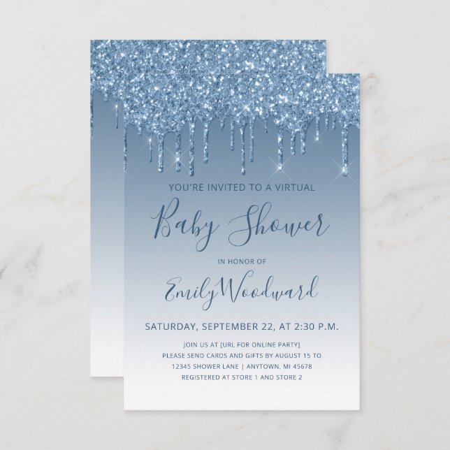 Blue Glitter Drip Virtual Baby Shower Invitation (Front/Back)
