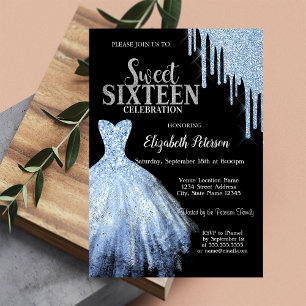 Blue Glitter Drips,Blue Dress Black Sweet 16  Invitation