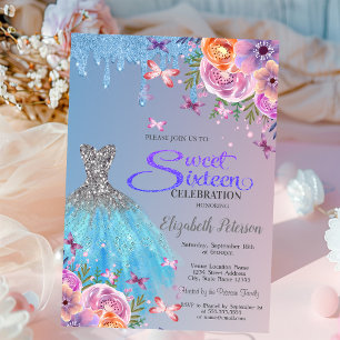 Blue Glitter Drips,Blue Dress Flowers Sweet 16    Invitation