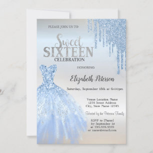 Blue Glitter Drips,Blue Dress Silver Sweet 16  Invitation