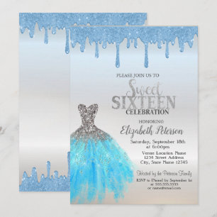 Blue Glitter Drips,Blue Dress Silver Sweet 16  Invitation