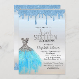 Blue Glitter Drips,Blue Dress Silver Sweet 16  Invitation