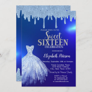  Blue Glitter Drips,Dress Blue Sweet 16 Invitation