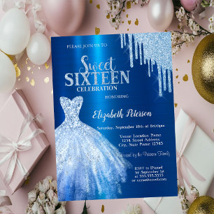 Blue Glitter Drips,Metallic Blue Dress Invitation