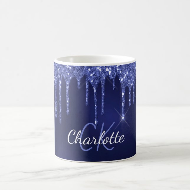 Blue glitter drips name monogram initials script coffee mug (Center)