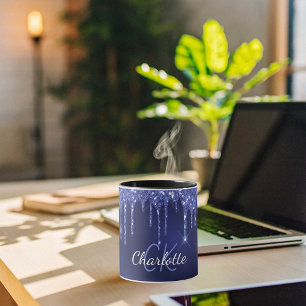 Blue glitter drips name monogram initials script mug