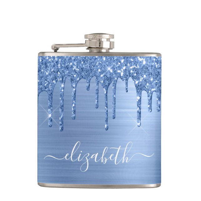 Blue Glitter Drips Personalised Hip Flask (Front)