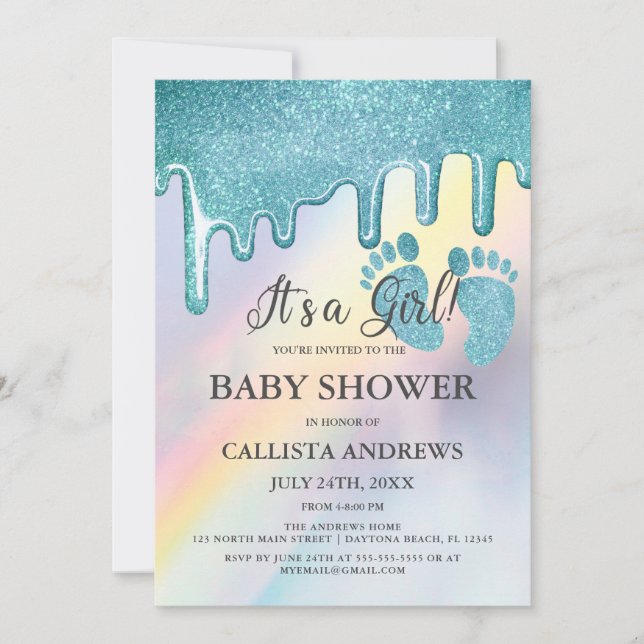 Blue Glitter Drips Rainbow Holographic Baby Shower Invitation (Front)