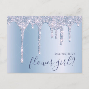 Blue glitter drips will you be my flower girl invitation postcard