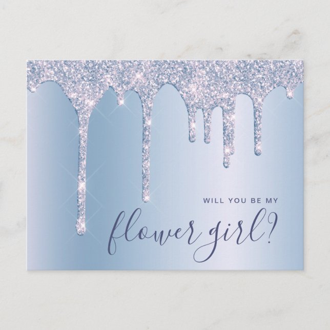 Blue glitter drips will you be my flower girl invitation postcard (Front)