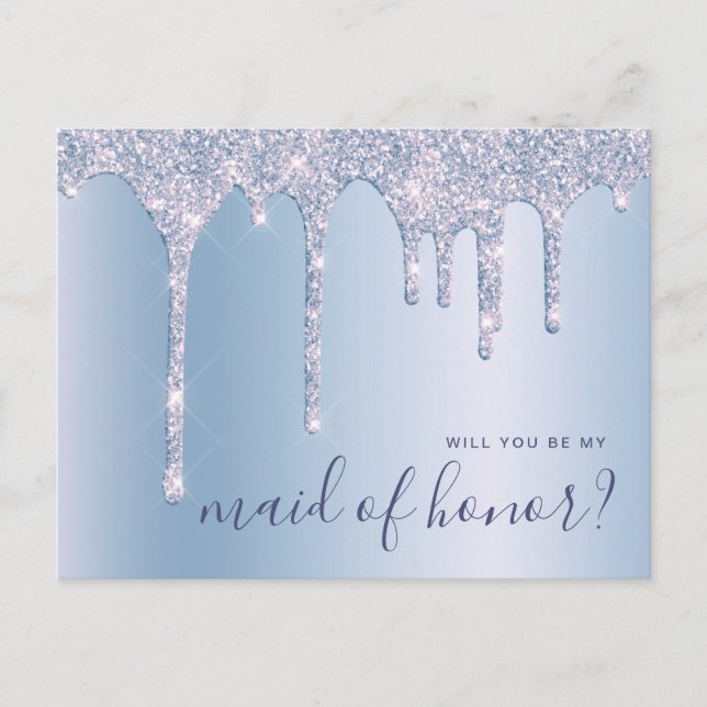 Blue glitter drips will you be my maid of honour invitation postcard (Front)