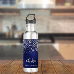 Blue glitter dust silver monogram name script  710 ml water bottle<br><div class="desc">A blue background. The blue colour is uneven. Decorted with faux glitter dust. Personalise and add a name,  monogram initials and full name.  The first name is written with a modern hand lettered style script.</div>