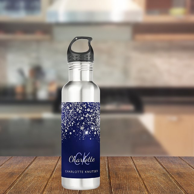 Blue glitter dust silver monogram name script  710 ml water bottle (Creator Uploaded)