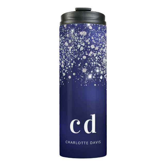 Blue glitter dust silver monogram name script thermal tumbler (Front)