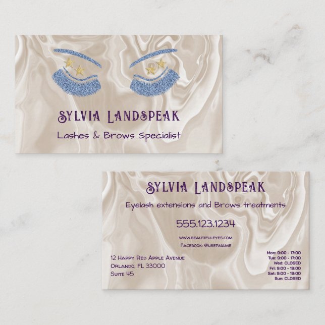 Blue Glitter Eyelashes & Beige Cream Marble Business Card (Front/Back)