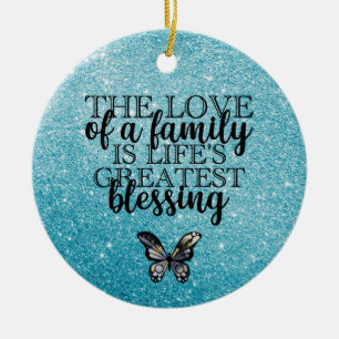 Blue Glitter Family Quote Ceramic Ornament