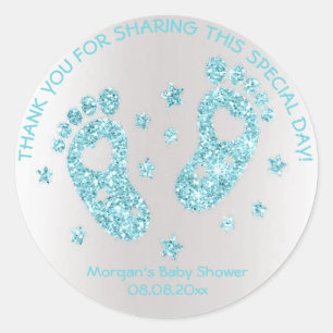 Blue Glitter Feet Baby Shower Favour Thank Classic Round Sticker