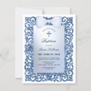 Blue Glitter Frame Bow Baptism Invitation