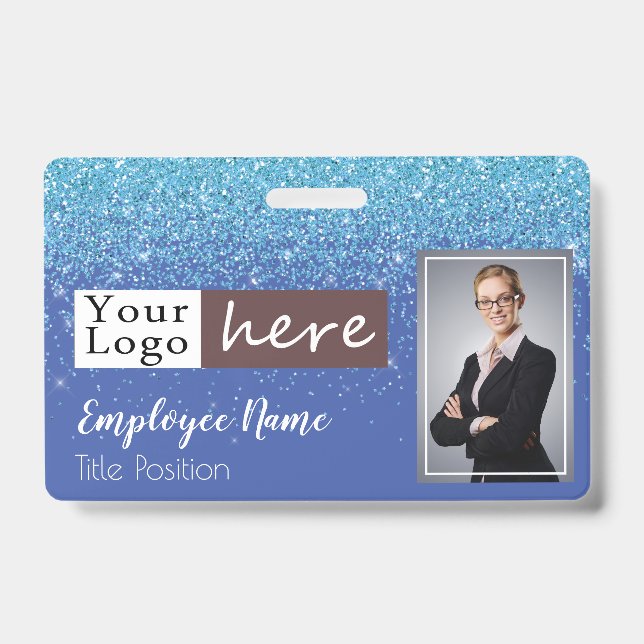 Blue Glitter Girly One Photo Employee Name ID Badge (Front)
