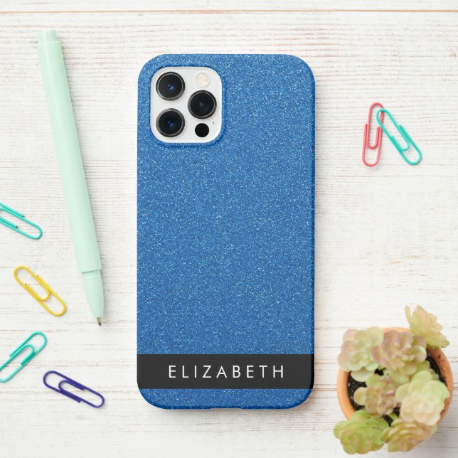 Blue Glitter, Glitter Background, Your Name iPhone Case (On Desk)