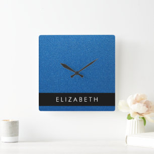 Blue Glitter, Glitter Background, Your Name Square Wall Clock