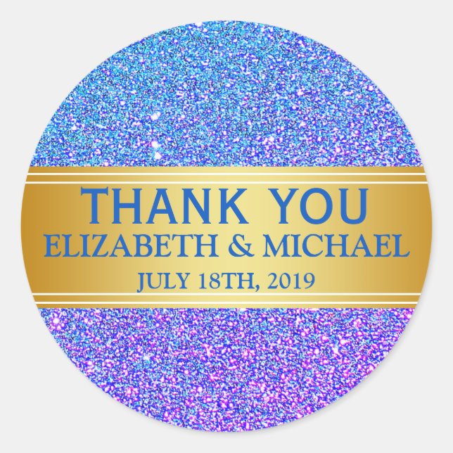 Blue Glitter Gold Badge Thank You Classic Round Sticker (Front)